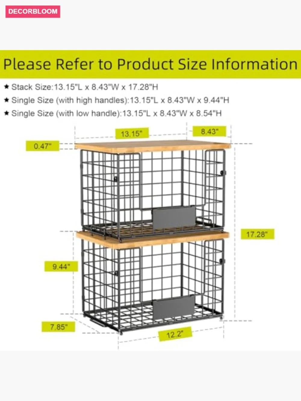 2-Pack Stackable Wire Baskets with Bamboo Top - Kitchen Storage Organizers